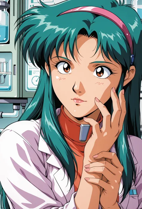 Time Gal with long green hair very closely examining her right hand, in a medical lab, alone, in close up in a highly detailed anime style