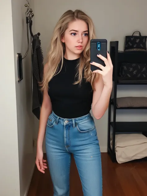 realistic photograph of ailattsf dressed as an adorable petite european girl wearing skinny jeans and a cute top, skinny body, pale skin,slender neck, freckles, wavey blonde hair, dainty girly hands, nail polish, slender legs, dainty girly feet,