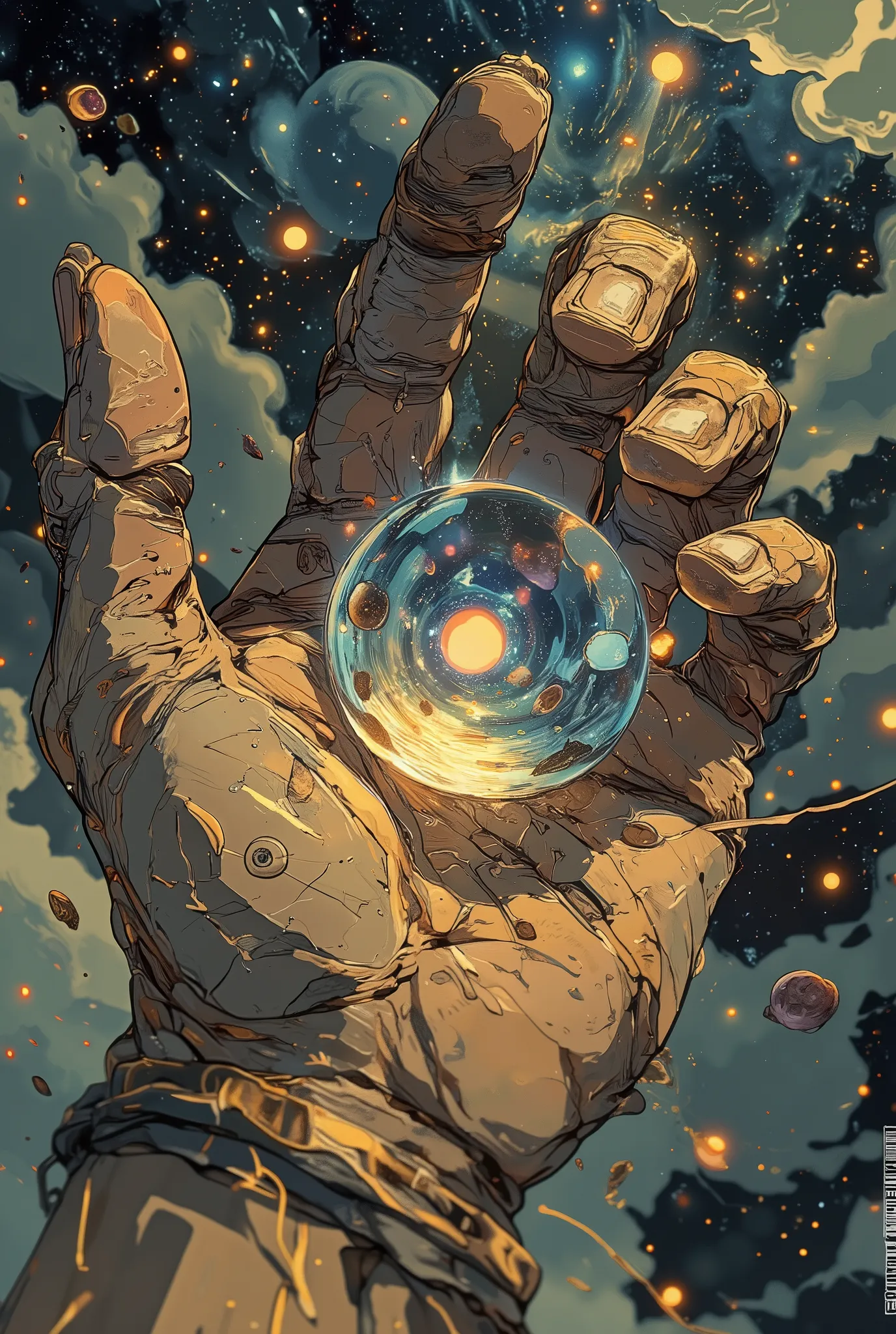 a close-up of an old, wrinkled human hand gently opened upward, palm facing the sky, inside the palm floats a miniature universe — tiny planets, glowing stars, asteroid belts, and swirling nebulae suspended in soft light, as if the cosmos were born in the ...
