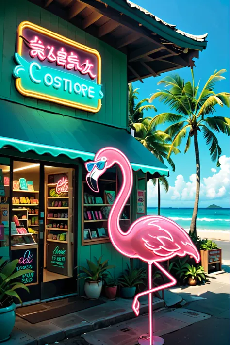 neon,Store sign,Tropical landscape ,coconut tree,sea,Cool Flamingo Wearing Sunglasses,发光的neonStore sign,Ultra high color,bright color
