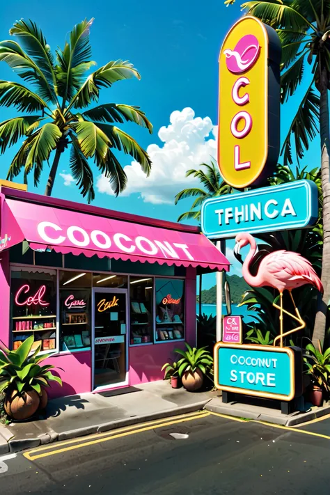 neon,Store sign,Tropical landscape ,coconut tree,sea,Cool Flamingo Wearing Sunglasses,发光的neonStore sign,Ultra high color,bright color
