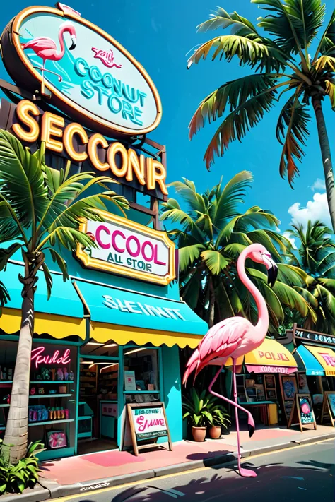 neon,Store sign,Tropical landscape ,coconut tree,sea,Cool Flamingo Wearing Sunglasses,发光的neonStore sign,Ultra high color,bright color