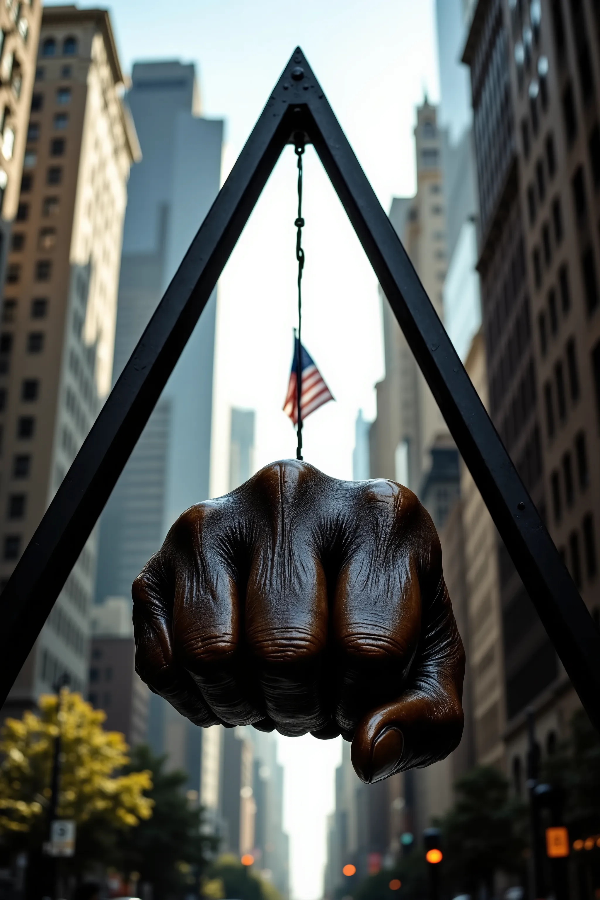 A dramatic, photorealistic image of the Joe Louis Fist sculpture in downtown Detroit, shot head-on from a low angle. The massive bronze fist hangs horizontally from a triangular black steel frame, clearly showing four fingers curled into a fist and a singl...