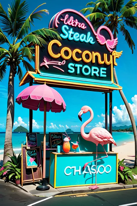 neon,Store sign,Tropical landscape ,coconut tree,sea,Cool Flamingo Wearing Sunglasses,发光的neonStore sign,Ultra high color,bright color