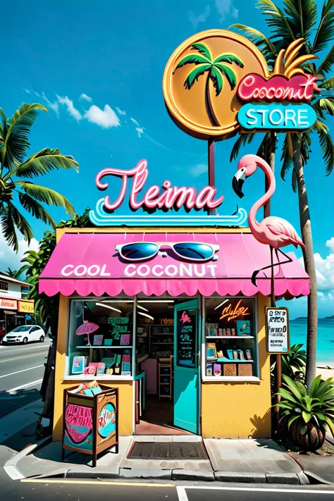 neon,Store sign,Tropical landscape ,coconut tree,sea,Cool Flamingo Wearing Sunglasses,发光的neonStore sign,Ultra high color,bright color