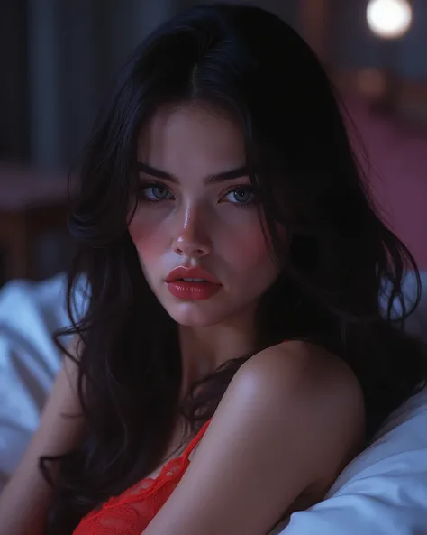 similar to Megan Fox , A 22 year old woman, very beautiful, quite beautiful , extremely beautiful, with delicate features , blushed cheeks, Full lips. her WHITE PORCELAIN SKIN , with bright gray metallic eyes and intense eyes that stand out under soft a...