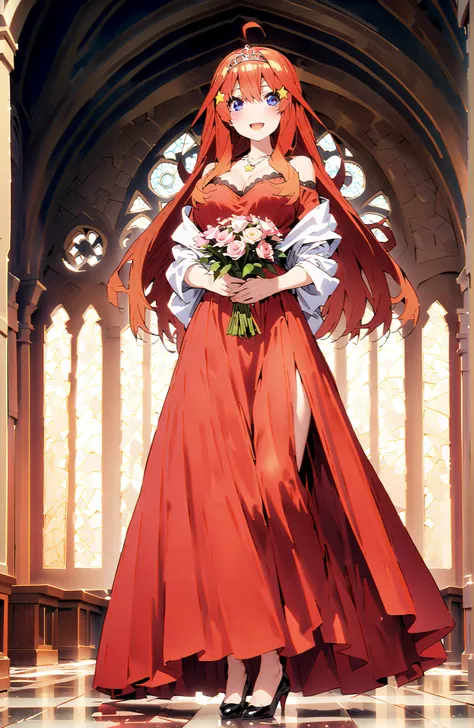 score_9, score_8_up, score_7_up, Nakano Mizuki , solo,bungs, blue eyes, hair between eyes, stupid hair, red hair,long hair,Big Breasts,cleavage,smile,blush,open your mouth,tiara,Holding a red bouquet of flowers with both arms,
red off-the-shoulder dress,ba...