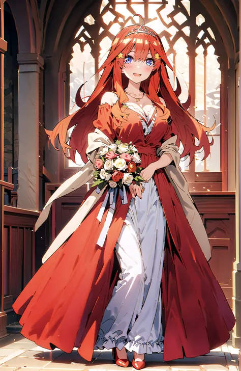 score_9, score_8_up, score_7_up, Nakano Mizuki , solo,bungs, blue eyes, hair between eyes, stupid hair, red hair,long hair,Big Breasts,cleavage,smile,blush,open your mouth,tiara,Holding a red bouquet of flowers with both arms,
red off-the-shoulder dress,ba...