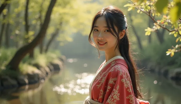 A real, slender, 18-year-old Oriental Japanese girl standing near a hot spring inside a spring forest. She is wearing a thick lambswool traditional Wafuku (kimono), smiling warmly with a humanity smile. She has delicate facial features, black eyes, soft nose, slim fingers, visible slender legs, thin waist, small chest, gentle hips. Her lush, beyond-floor-length black hair flows slightly in a soft breeze.

Her entire slim body must be fully visible: face, hair, hands, chest, waist, hips, legs, feet, shoes, with natural body curve and streamlined posture.

The background is a vibrant spring forest with soft sunlight filtering through fresh leaves, ambient warm light, slightly misty and dreamlike atmosphere.

Extremely detailed hair strands, soft lambswool texture with visible fibers, delicate face shading, natural skin texture.

Focus on the girl, background slightly blurred. The entire scene should convey warmth, purity, gentleness, and a pure soul energy.