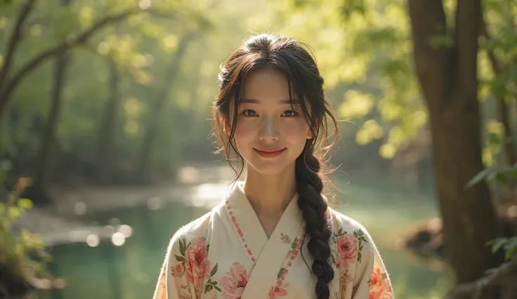 A real, slender, 18-year-old Oriental Japanese girl standing near a hot spring inside a spring forest. She is wearing a thick lambswool traditional Wafuku (kimono), smiling warmly with a humanity smile. She has delicate facial features, black eyes, soft nose, slim fingers, visible slender legs, thin waist, small chest, gentle hips. Her lush, beyond-floor-length black hair flows slightly in a soft breeze.

Her entire slim body must be fully visible: face, hair, hands, chest, waist, hips, legs, feet, shoes, with natural body curve and streamlined posture.

The background is a vibrant spring forest with soft sunlight filtering through fresh leaves, ambient warm light, slightly misty and dreamlike atmosphere.

Extremely detailed hair strands, soft lambswool texture with visible fibers, delicate face shading, natural skin texture.

Focus on the girl, background slightly blurred. The entire scene should convey warmth, purity, gentleness, and a pure soul energy.