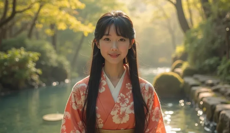 A real, slender, 18-year-old Oriental Japanese girl standing near a hot spring inside a spring forest. She is wearing a thick lambswool traditional Wafuku (kimono), smiling warmly with a humanity smile. She has delicate facial features, black eyes, soft nose, slim fingers, visible slender legs, thin waist, small chest, gentle hips. Her lush, beyond-floor-length black hair flows slightly in a soft breeze.

Her entire slim body must be fully visible: face, hair, hands, chest, waist, hips, legs, feet, shoes, with natural body curve and streamlined posture.

The background is a vibrant spring forest with soft sunlight filtering through fresh leaves, ambient warm light, slightly misty and dreamlike atmosphere.

Extremely detailed hair strands, soft lambswool texture with visible fibers, delicate face shading, natural skin texture.

Focus on the girl, background slightly blurred. The entire scene should convey warmth, purity, gentleness, and a pure soul energy.