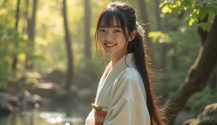 A real, slender, 18-year-old Oriental Japanese girl standing near a hot spring inside a spring forest. She is wearing a thick lambswool traditional Wafuku (kimono), smiling warmly with a humanity smile. She has delicate facial features, black eyes, soft nose, slim fingers, visible slender legs, thin waist, small chest, gentle hips. Her lush, beyond-floor-length black hair flows slightly in a soft breeze.

Her entire slim body must be fully visible: face, hair, hands, chest, waist, hips, legs, feet, shoes, with natural body curve and streamlined posture.

The background is a vibrant spring forest with soft sunlight filtering through fresh leaves, ambient warm light, slightly misty and dreamlike atmosphere.

Extremely detailed hair strands, soft lambswool texture with visible fibers, delicate face shading, natural skin texture.

Focus on the girl, background slightly blurred. The entire scene should convey warmth, purity, gentleness, and a pure soul energy.