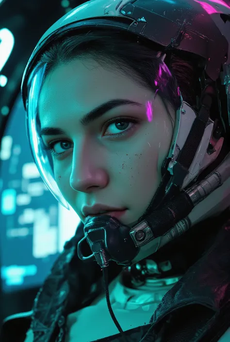 nistyle, manga-style, A hyperrealistic 3D render in intimate close-up of a feminine robot pilot's modest décolletage area, visible through a partially unzipped tactical flight suit in matte black. Her mechanical form features desaturated sections in pale m...