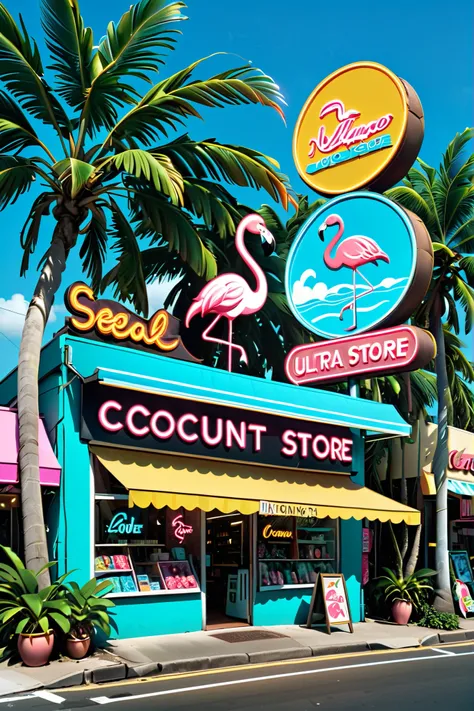 neon,Store sign,Tropical landscape ,coconut tree,sea,Cool Flamingo Wearing Sunglasses,发光的neonStore sign,Ultra high color,bright color