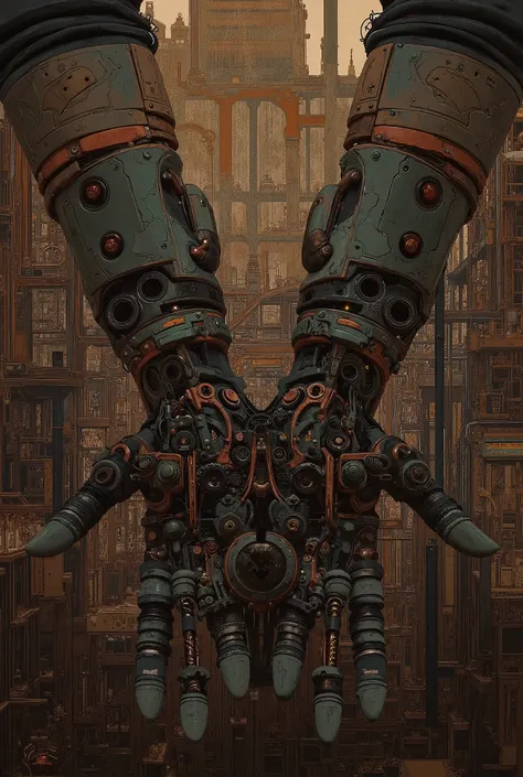 pair of intricate biomechanical hands, steampunk technology, highly detailed gears, pistons, and metal components, complex machinery, industrial atmosphere, warm lighting, moody colors, cinematic, concept art, digital art, 8K, ultra-detailed, photorealisti...