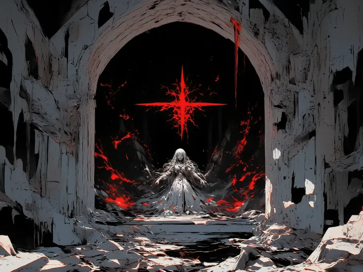 a surreal, apocalyptic scene depicting a melted, godlike  embedded in a decaying, womb-like cathedral chamber, the figure partially fused with the environment, surrounded by black mist and glowing red sigils, viewed from a low angle with a wide lens, heavy...