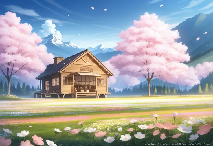 Masterpiece,Best quality, ultra detailed,Japanese Anime style, Nature, the terrace of a log cabin cafe, spring fields and mountains, spring flowers, spring scenery, flower-like sweets, coffee with floating cherry blossom petals,