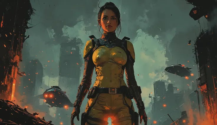 candid full-body shot of a woman in high-tech armor standing in a sci-fi environment,8K,high resolution,detailed,photorealistic,physically-based rendering,studio lighting,woman,heroic pose,stoic expression,tactical gear,metallic armor,sleek helmet,glowing ...