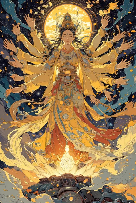 a divine and majestic depiction of Senju Kannon, the Thousand-Armed Goddess of Mercy, standing in a radiant lotus pedestal,
her serene face glowing with transcendental calm, each of her countless arms gracefully extended in all directions, holding sacred...
