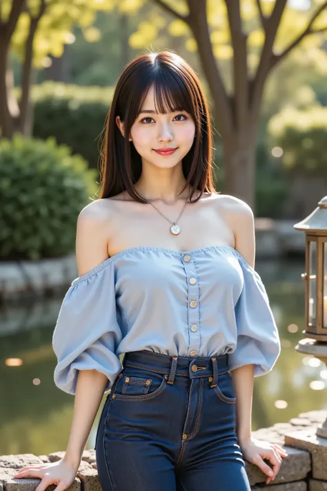firm and big breasts, cleavage, medium-framed portrait shot from head to mid-thigh of a realistic adult woman with her full head and shoulders visible, standing beside a tranquil garden pond at golden hour on a weathered stone ledge with scattered leaf lit...