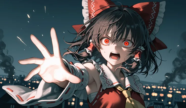 Draw Hakurei Reimu、 Hair、Wearing Hakurei Reimu's shrine maiden costume、's astonished expression、Screaming in the form of desperation、they open their eyes wide and shout、I'm reaching out to stop it。(((Underexpose Lighting)))))、dark atmosphere、Beautifully de...
