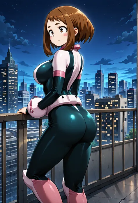 official style, Anime-Screenshot,  uraraka ochako, 1 girl, brown hair, brown eyes, Solo, Superheld, Hero bodysuit, pink wrist guards, closed mouth, Big Breasts, (F65), Sexy Stil, Standing on the roof of a skyscraper, Nacht, Regen, The metropolis lit up at ...