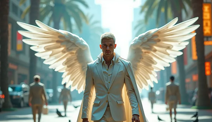 Handsome Male angel, light blue eyes, European features, similar features to male actor Cha eun woo, Large biceps, short cut hair, white large feathery wings stretches wide, adorn in a white suite and white cloak over his head, stares intensely with a plai...