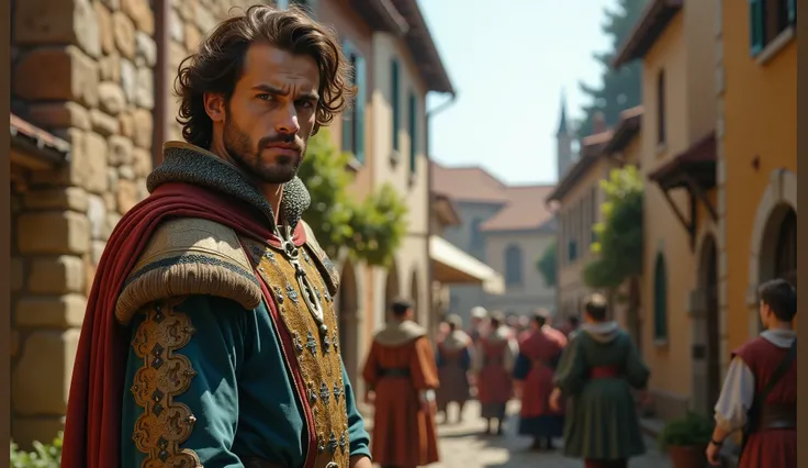 Handsome Male European features, Large biceps, short cut hair 8 inches, stares intensely with a plain look on his face, medieval time, people walking in the background warm tone, cinematic scene, blockbuster, hyperrealistic, flawless, Raw image, 32K UHD