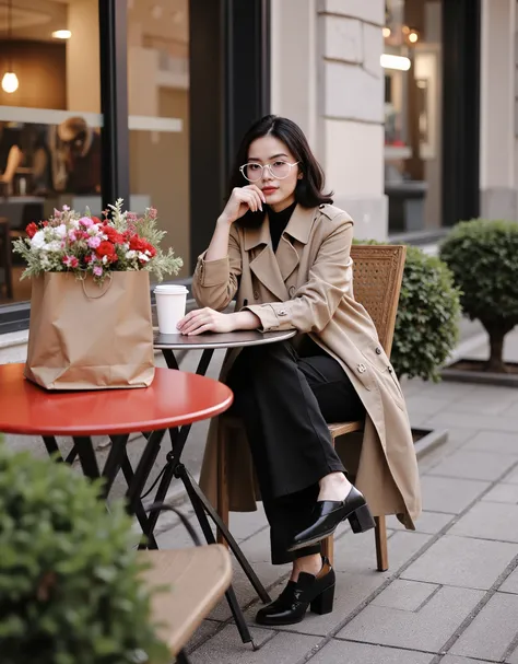 A cinematic, editorial-style portrait of a sophisticated woman seated at an outdoor café during a golden late afternoon. She wears a beige trench coat layered over black wide-leg trousers and chunky black shoes. A black scarf elegantly wraps around her he...