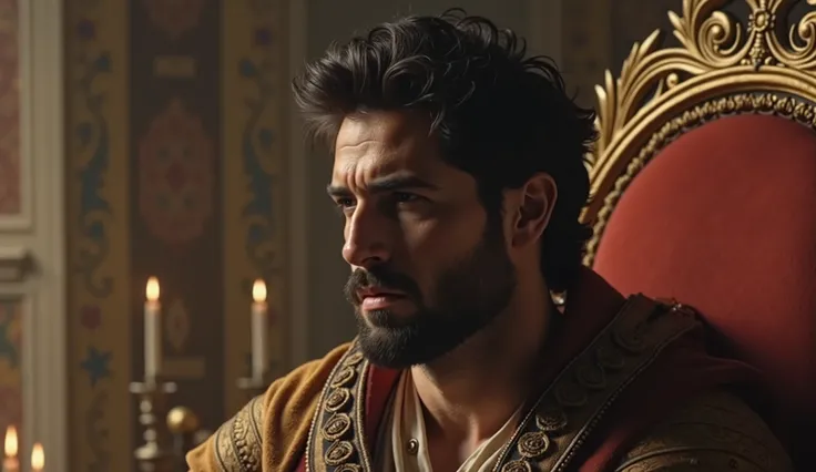 Handsome Male European features, Large biceps, short cut hair 8 inches, stares intensely with a plain look on his face, medieval time, people walking in the background warm tone, cinematic scene, blockbuster, hyperrealistic, flawless, Raw image, 32K UHD