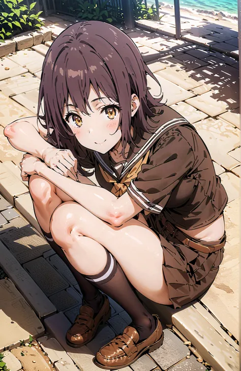 score_9, score_8_up, score_7_up, source_anime,  Itsuwa , short hair, brown hair, brown eyes in the bedroom,Medium breast,Black sailor suit,Short sleeve,black mini pleated skirt for sitting on asphalt steps,Black Panties, black high socks,loafers,smile,blus...