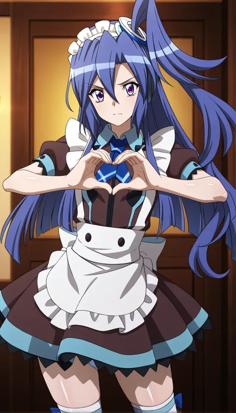 masterpiece, best quality, amazing quality, very aesthetic, absurdres, newest,shiny skin, anime screenshot, anime coloring senki zesshou symphogear, Kazanari Tsubasa,  blue_hair, purple eyes,  one side up, maid, white overknee socks、dark brown dress、Short ...