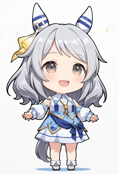 (masterpiece, best quality, perfect face:1.4), wide angle, (((chibi))), hishi miracle \(umamusume\), 1girl, grey hair, horse ears, ear cover, ear ornament, horse tail, tail on the lower back, proportional body, proportional, beautiful hair, beautiful face,...