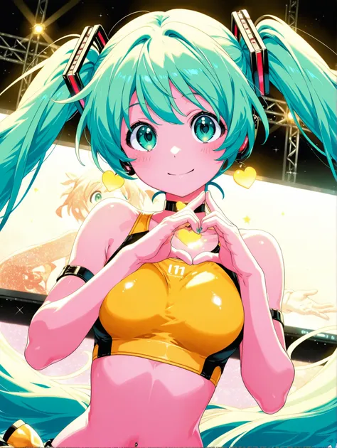 (Master Piece、 Highest Quality、 Highest Quality、 official art、 beautiful beautiful :1.2)、( one girl:1.3) Hatsune Miku、 light green twin-tails, beautiful breasts, 1 girl, smile, girl, volume lighting , dynamic pose、 Virtual Idol 、 sandy beach、Yellow sports ...