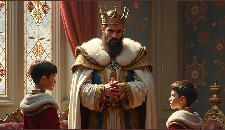 King, bearded, adorn in royal attire, crown on head, European features, ung sons, dressed as royalty, In a palace room, warm tone, cinematic scene, blockbuster, hyperrealistic, flawless, Raw image, 32K UHD