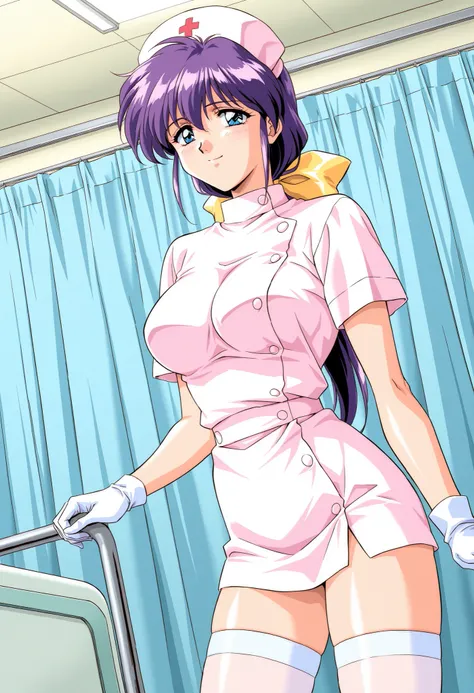 Score_9, score_8_up, score_7_up, source_anime, Kitazawa_Yukie, solo, purple hair, large breasts, blue eyes, hair bow, yellow bow, low ponytail, 1990s (style), game cg style, (best quality), (high quality), {masterpiece}, extremely delicate and beautiful, u...