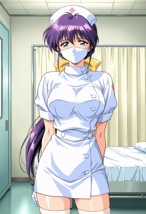 Score_9, score_8_up, score_7_up, source_anime, Kitazawa_Yukie, solo, purple hair, large breasts, blue eyes, hair bow, yellow bow, low ponytail, 1990s (style), game cg style, (best quality), (high quality), {masterpiece}, extremely delicate and beautiful, u...