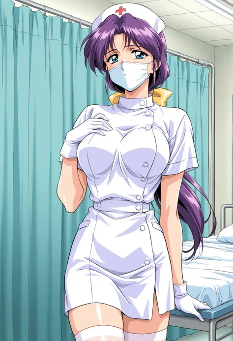 Score_9, score_8_up, score_7_up, source_anime, Kitazawa_Yukie, solo, purple hair, large breasts, blue eyes, hair bow, yellow bow, low ponytail, 1990s (style), game cg style, (best quality), (high quality), {masterpiece}, extremely delicate and beautiful, u...