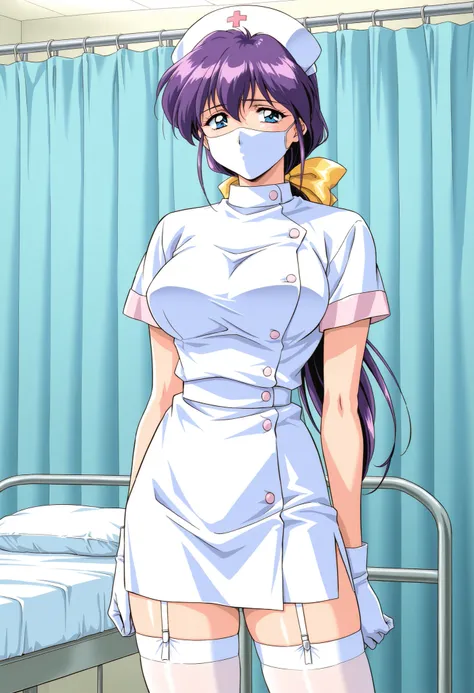 Score_9, score_8_up, score_7_up, source_anime, Kitazawa_Yukie, solo, purple hair, large breasts, blue eyes, hair bow, yellow bow, low ponytail, 1990s (style), game cg style, (best quality), (high quality), {masterpiece}, extremely delicate and beautiful, u...