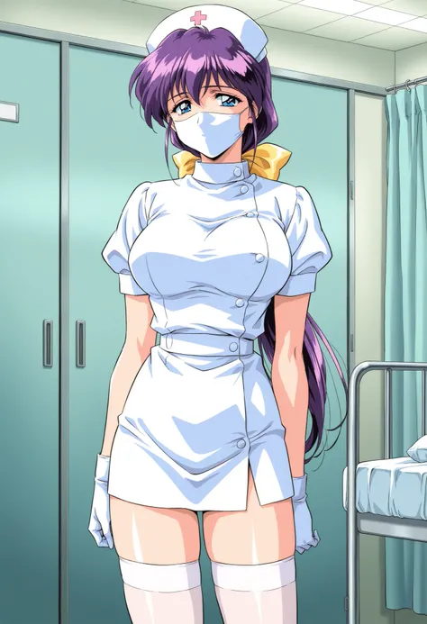 Score_9, score_8_up, score_7_up, source_anime, Kitazawa_Yukie, solo, purple hair, large breasts, blue eyes, hair bow, yellow bow, low ponytail, 1990s (style), game cg style, (best quality), (high quality), {masterpiece}, extremely delicate and beautiful, u...