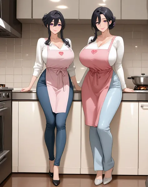 masterpiece, high detail costume, best quality, semirrealists, ray tracing, ultra HD, 4k, a full body girl, mature woman, mother and daughter, housewife, mother and daughter face, purple eyes, thick pink lips, black eyebrows, smile, face detail, black hair...
