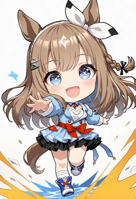 (masterpiece, best quality, perfect face:1.4), wide angle, (((chibi))), almond eye \(umamusume\), running figure, white hair ornament, horse ears, horse tail, tail on the lower back, proportional body, proportional,1 girl, beautiful hair, beautiful face, b...