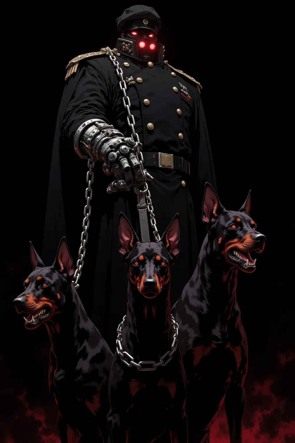 illustration of the right hand and Doberman, He has several heavy chain leads wrapped around his right hand、 He is accompanied by three huge Dobermans, The Doberman has black fur、redい目、 sharp fangs,dark fantasy style,high-definition precision drawing on a black background, Dramatic lighting,  The soldier's uniform is clean,黒い下地に,dramatic backlighting on a black base accentuates the silhouette of the right hand and Cerberus, High-definition and intricate details、Heavy Atmosphere, The color is composed mainly of black 、red、ダークグレーを基調にドーベルマンに炎や目のred, Accentuated with the shine of metal,only let the right hand appear