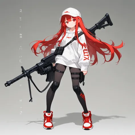 female、long hair、red hair、red eye、White Cap、gun、gun撃戦、full body、white hoodie、Machine gun、