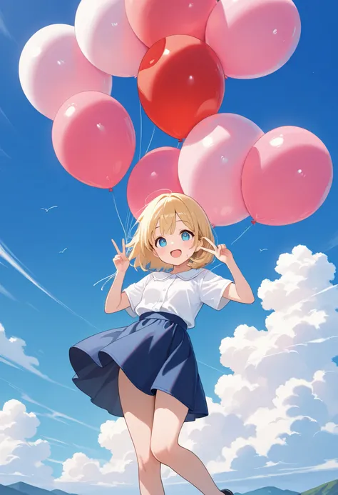 1girl, solo, girl flying in the air holding on to a large balloon, v sign, girl floating in the air holding on to a huge balloon, v, smile, :d, outdoors, sky, flying girl, floating girl, extremely detailed, general, masterpiece, best quality, amazing quali...