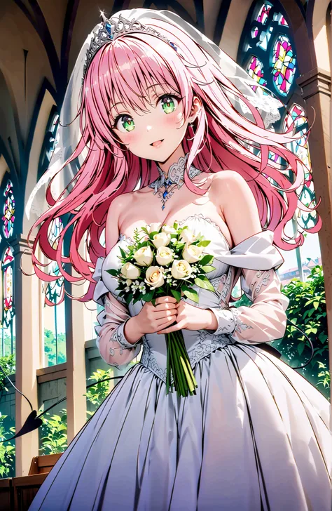 score_9, score_8_up, score_7_up, source_anime,
 Lala Devilke , long hair, pink hair,stupid hair, bungs, green eyes,Demon Tail,tiara,Veil,Off Shoulder Wedding Dress,wedding long skirt,holding a bouquet of flowers with both hands,stained glass,standing,smile...