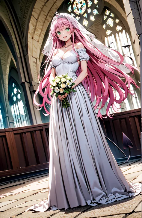 score_9, score_8_up, score_7_up, source_anime,
 Lala Devilke , long hair, pink hair,stupid hair, bungs, green eyes,Demon Tail,tiara,Veil,Off Shoulder Wedding Dress,Short sleeve,necklace,wedding long skirt,holding a bouquet of flowers with both hands,staine...