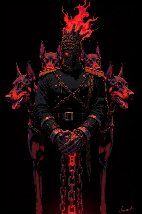 illustration of the right hand and Doberman, He has several heavy chain leads wrapped around his right hand、 He is accompanied by three huge Dobermans, The Doberman has black fur、redい目、 sharp fangs,dark fantasy style,high-definition precision drawing on a black background, Dramatic lighting,  The soldier's uniform is clean,On a black base,dramatic backlighting on a black base accentuates the silhouette of the right hand and Cerberus, High-definition and intricate details、Heavy Atmosphere, The color is composed mainly of black 、red、ダークグレーを基調にドーベルマンに炎や目のred, Accentuated with the shine of metal,only let the right hand appear