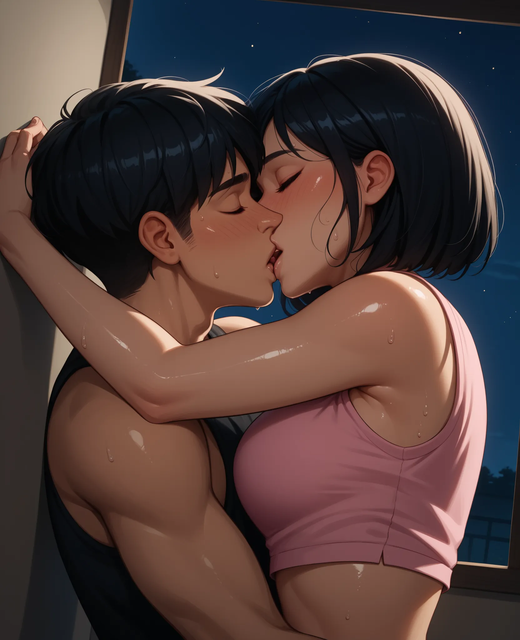 score_9, score_8_up, score_7_up, 1woman, solo, hair, closed eyes, fair skin, fair-skinned female, black hair bob, lovely medium breasts, perfect body, pink crop top, sweat, female organism, open mouth,  looking at viewer,  head tilt,  nose blush, blush, in...