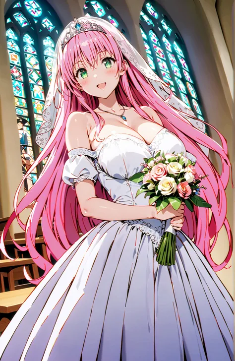 score_9, score_8_up, score_7_up, source_anime,
 Lala Devilke , long hair, pink hair,stupid hair, bungs, green eyes,Demon Tail,Big Breasts,tiara,Veil,Off Shoulder Wedding Dress,Short sleeve,necklace,wedding long skirt,holding a bouquet of flowers with both ...